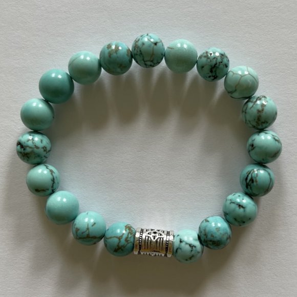 10mm Blue Turquoise with Sterling Silver Accent Beaded Stretch Bracelet - Picture 2 of 7